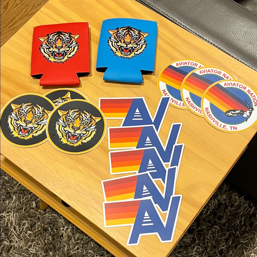 Aviator Nation Red and Blue Tiger Can Coolers with Stickers